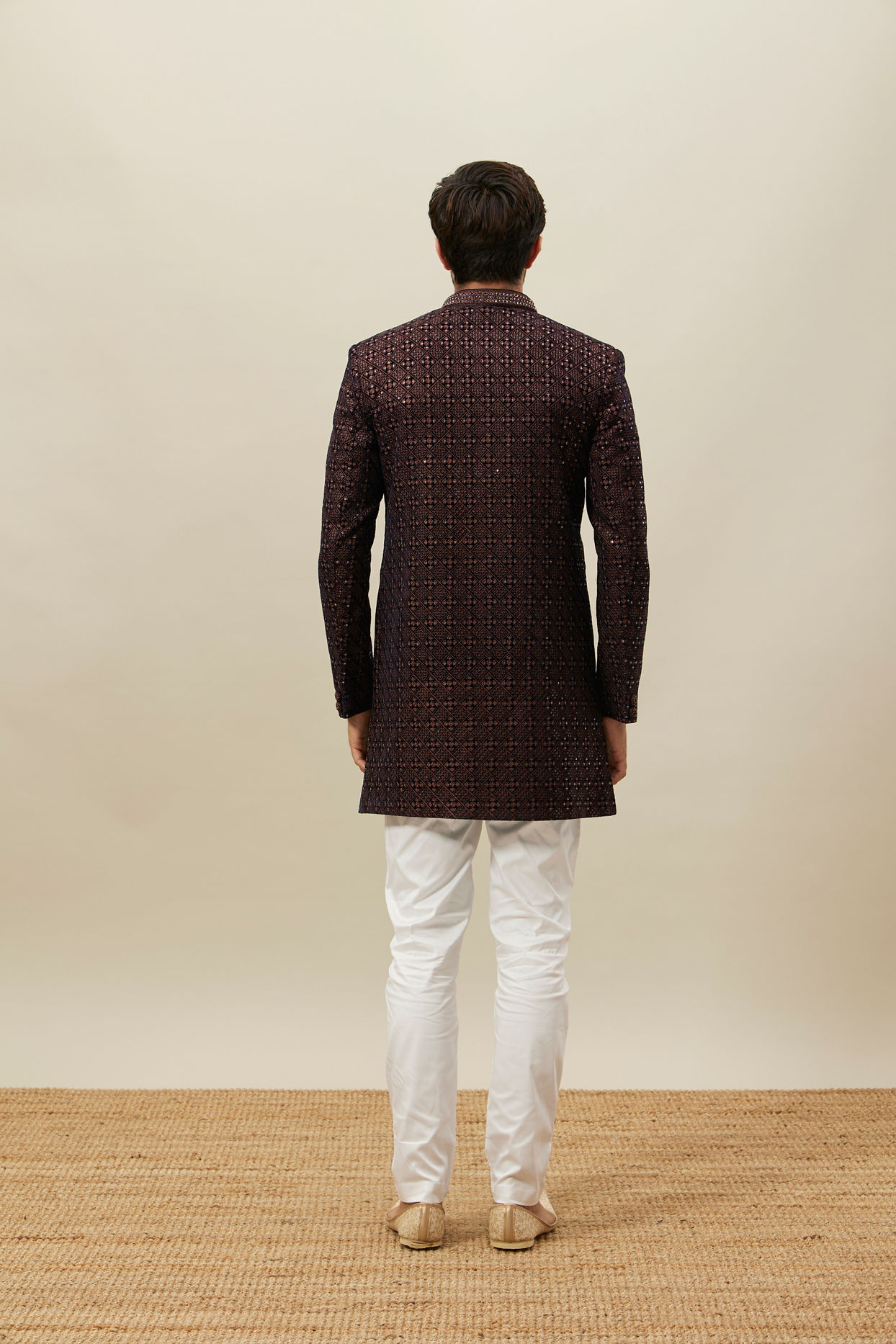 Manyavar Men Deep Mahogany Brown Geometric Patterned Indo Jacket image number 3