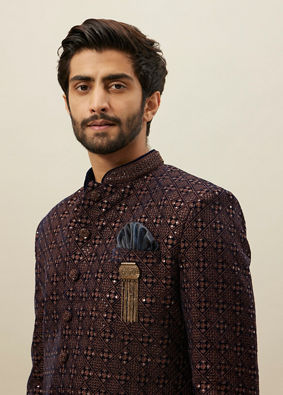 Manyavar Men Deep Mahogany Brown Geometric Patterned Indo Jacket image number 0