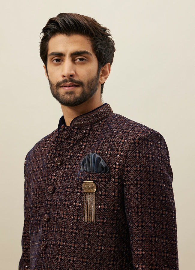 Manyavar Men Deep Mahogany Brown Geometric Patterned Indo Jacket