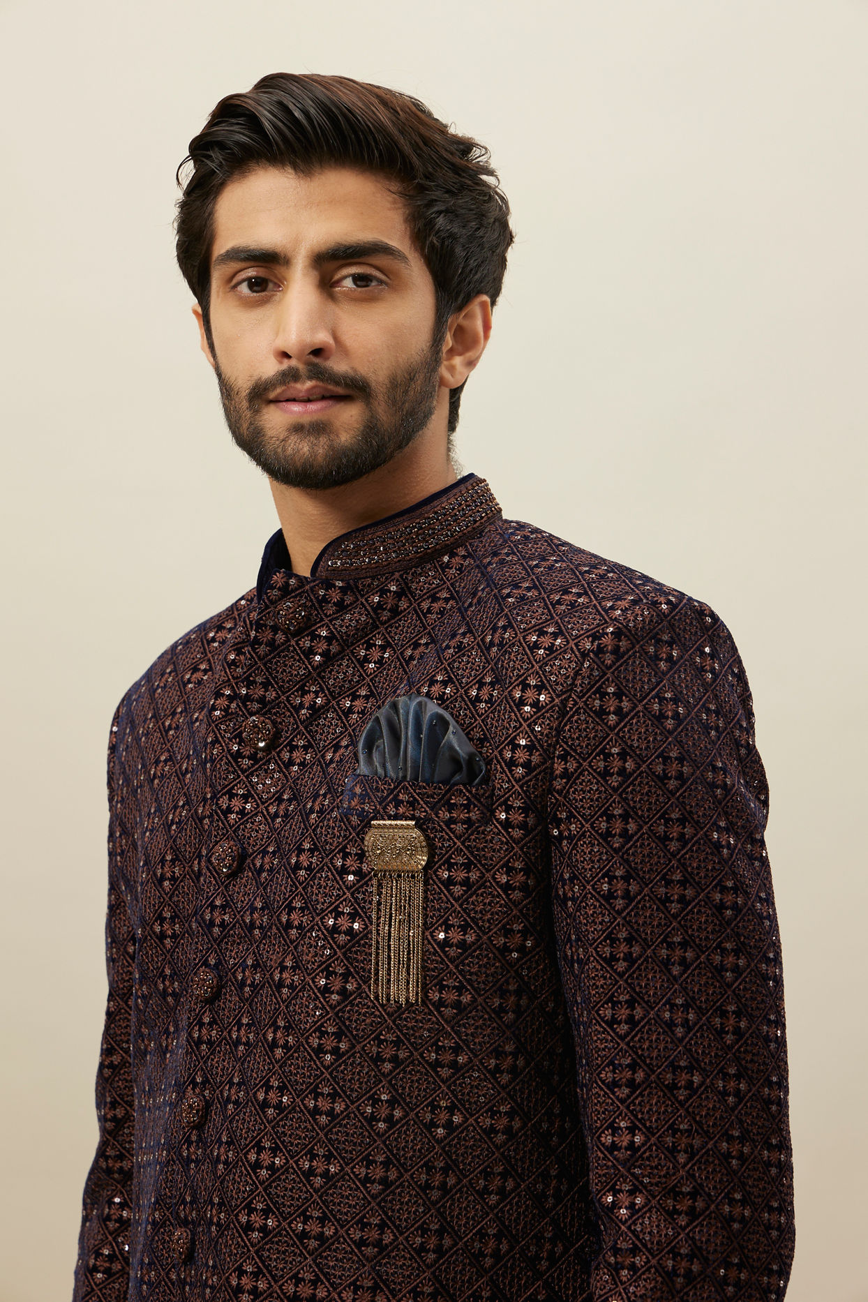 Manyavar Men Deep Mahogany Brown Geometric Patterned Indo Jacket image number 0