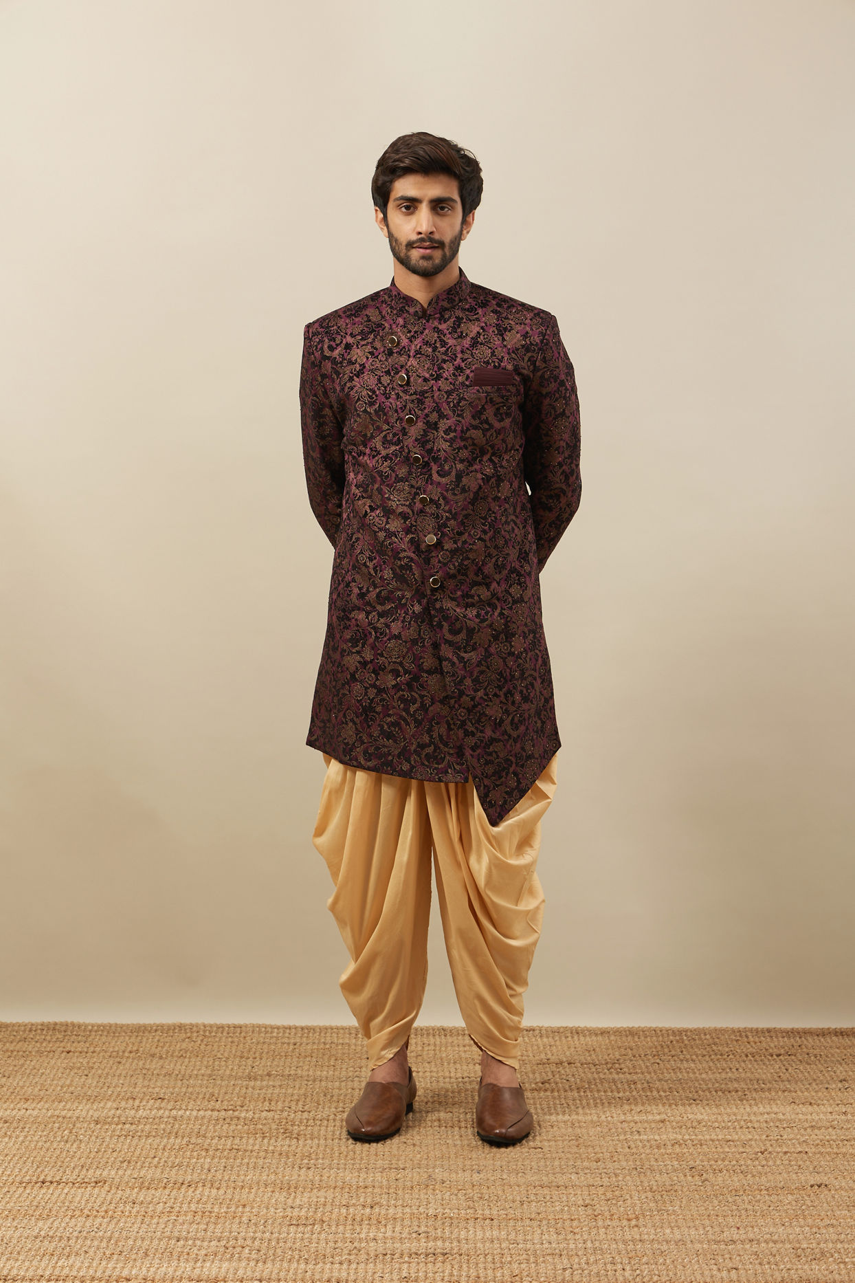 alt message - Manyavar Men Windsor Wine Angrakha Style Indo Western Set image number 2