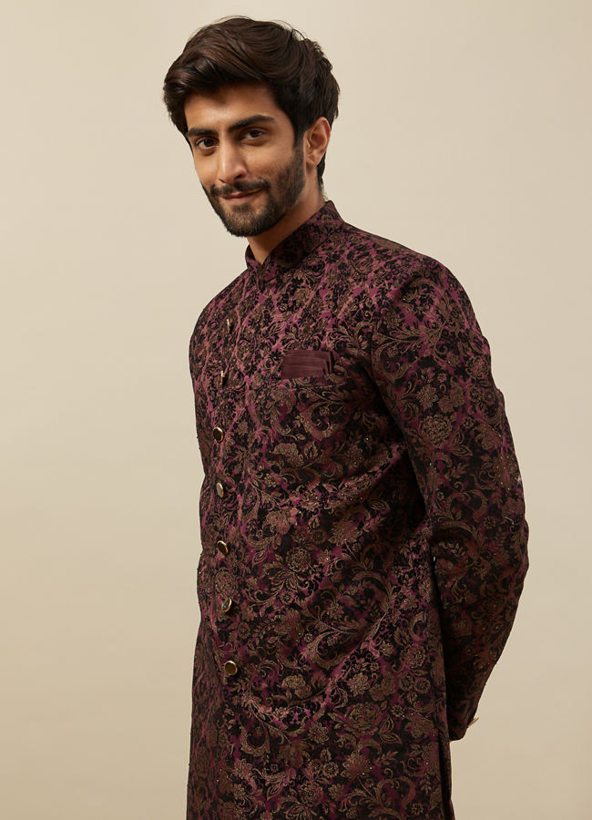 alt message - Manyavar Men Windsor Wine Angrakha Style Indo Western Set image number 0