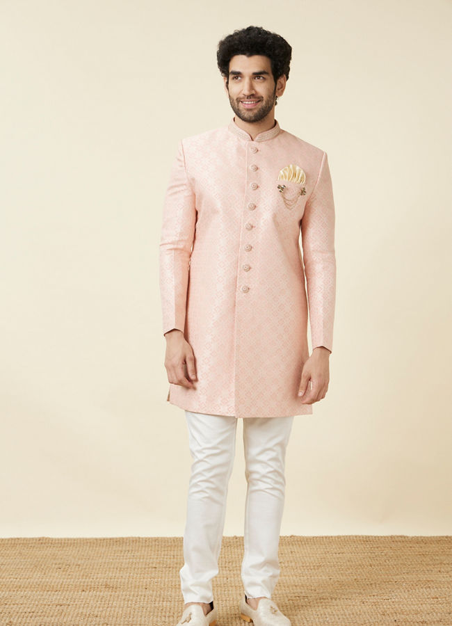 alt message - Manyavar Men Rosewater Pink Diamond Patterned Indo Western Set image number 2