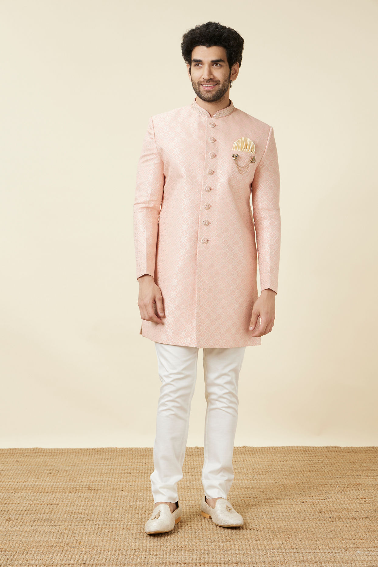 Manyavar Men Rosewater Pink Diamond Patterned Indo Western Set