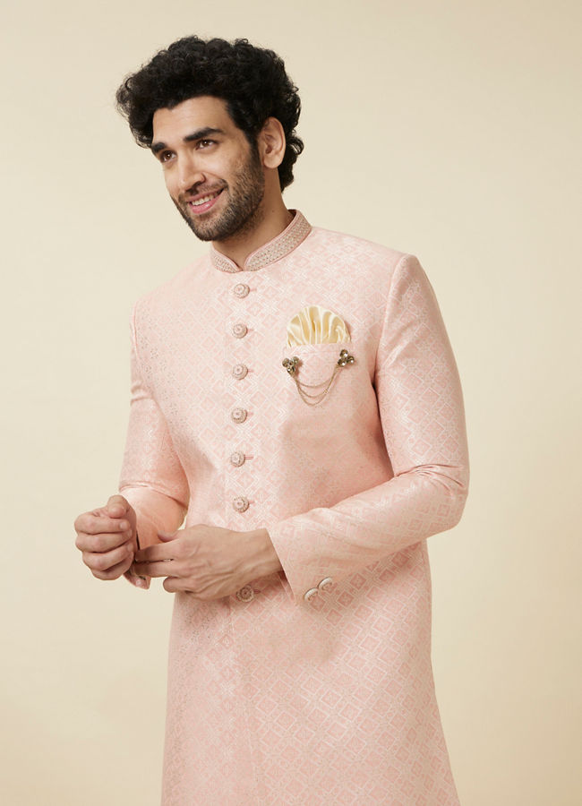 alt message - Manyavar Men Rosewater Pink Diamond Patterned Indo Western Set image number 0