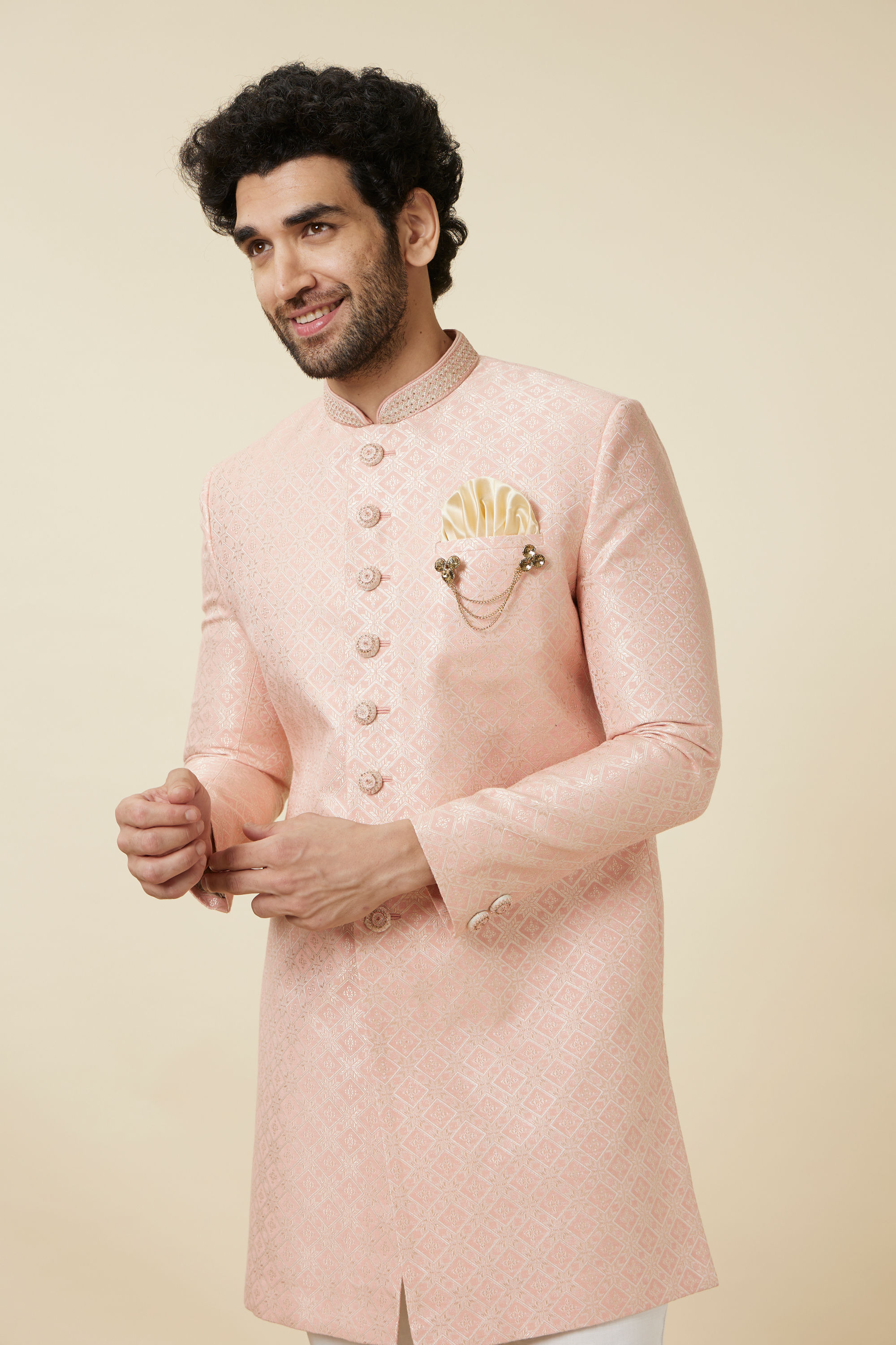 Manyavar Men Rosewater Pink Diamond Patterned Indo Western Set