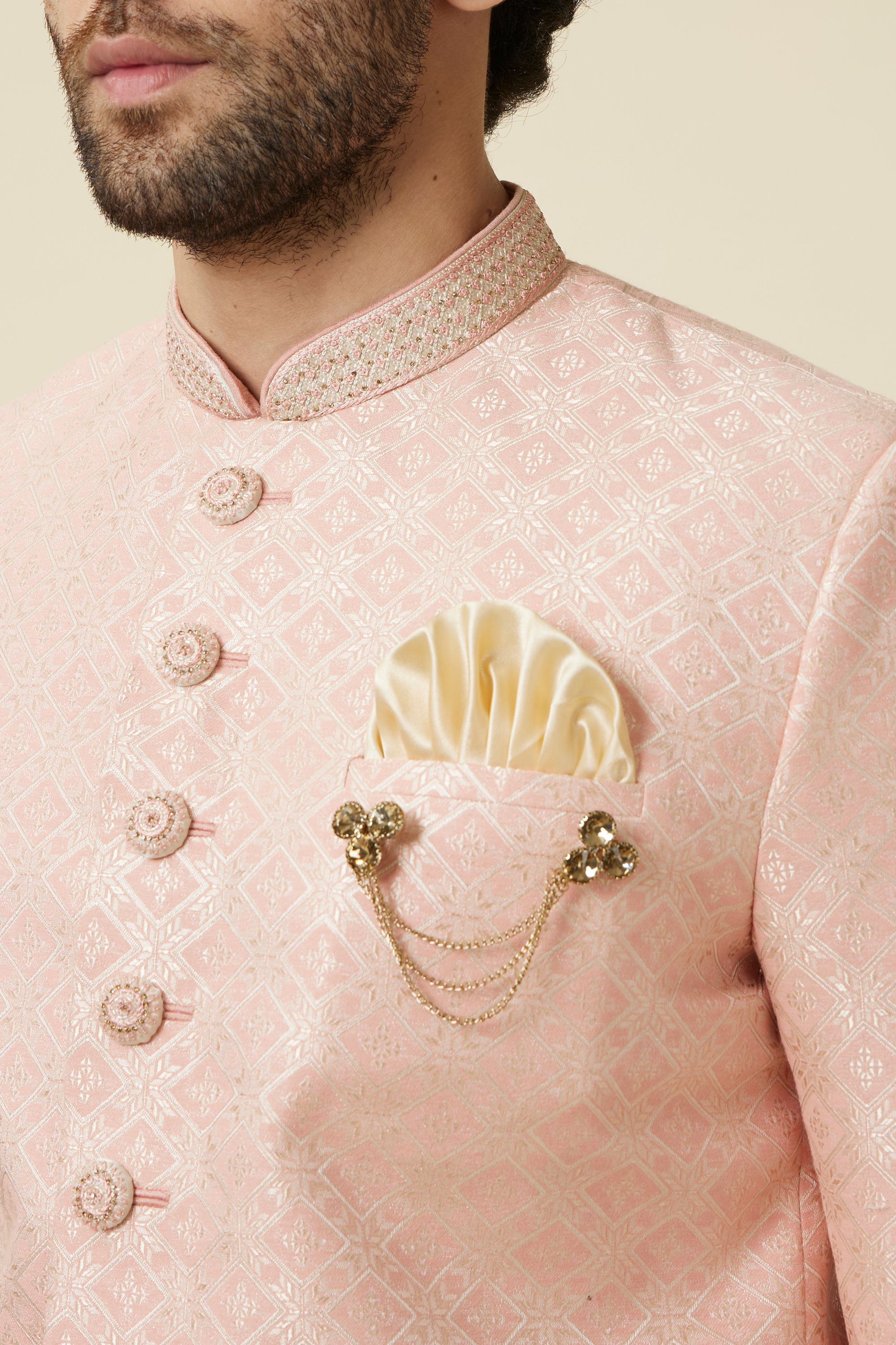 Manyavar Men Rosewater Pink Diamond Patterned Indo Western Set