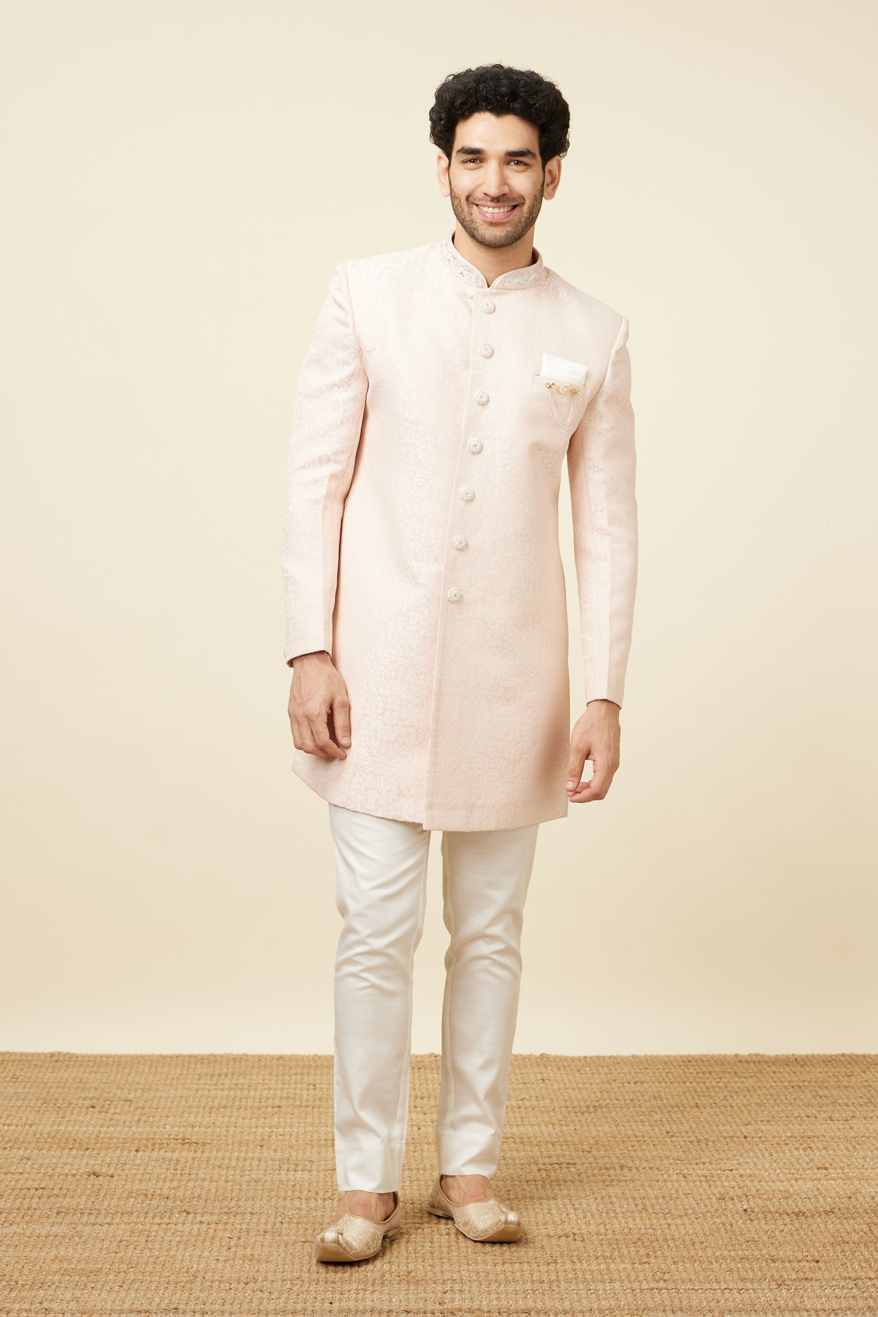 alt message - Manyavar Men Soft Pink Medallion Patterned Indo Western Set image number 2