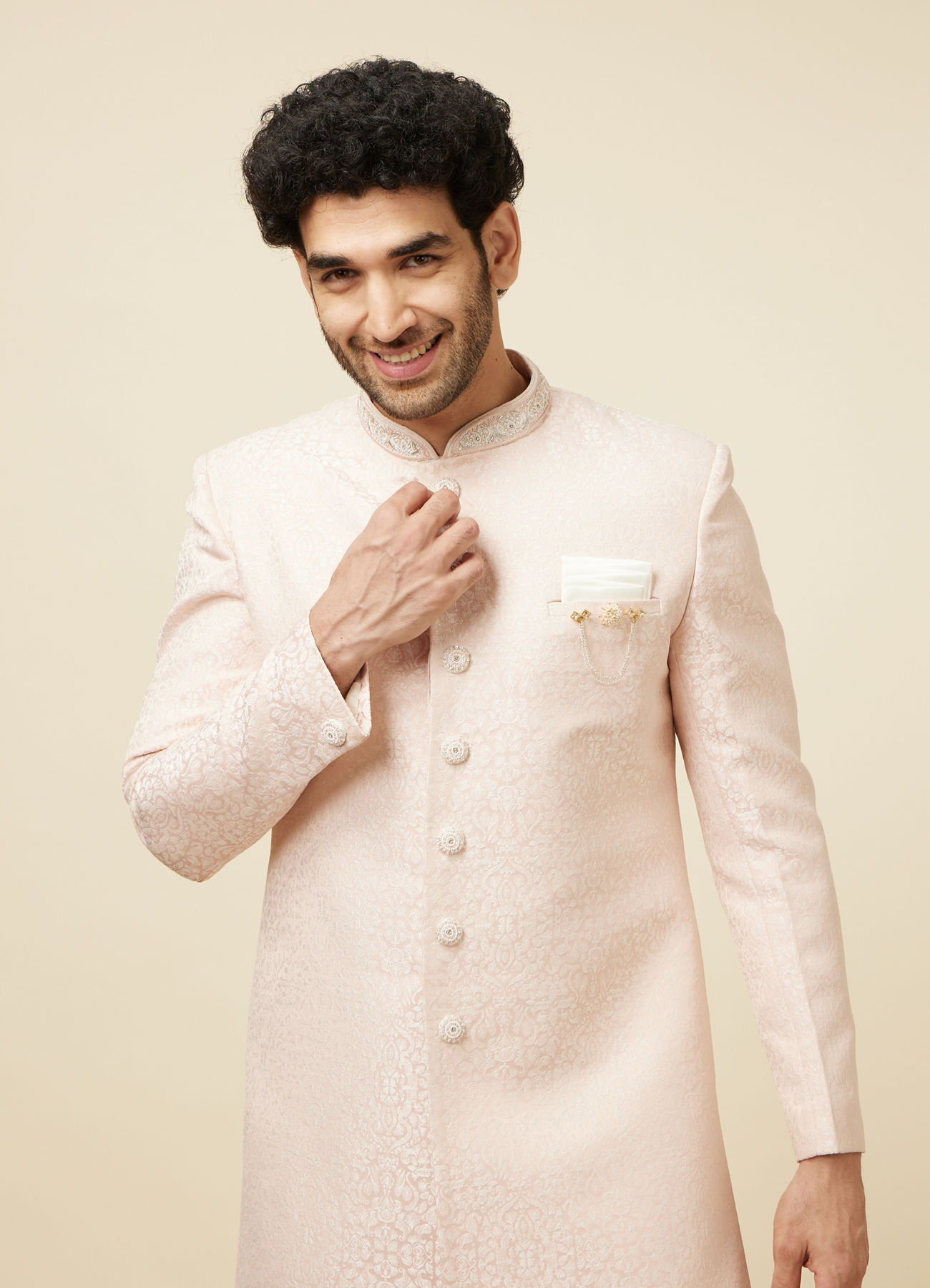 Manyavar Men Soft Pink Medallion Patterned Indo Western Set