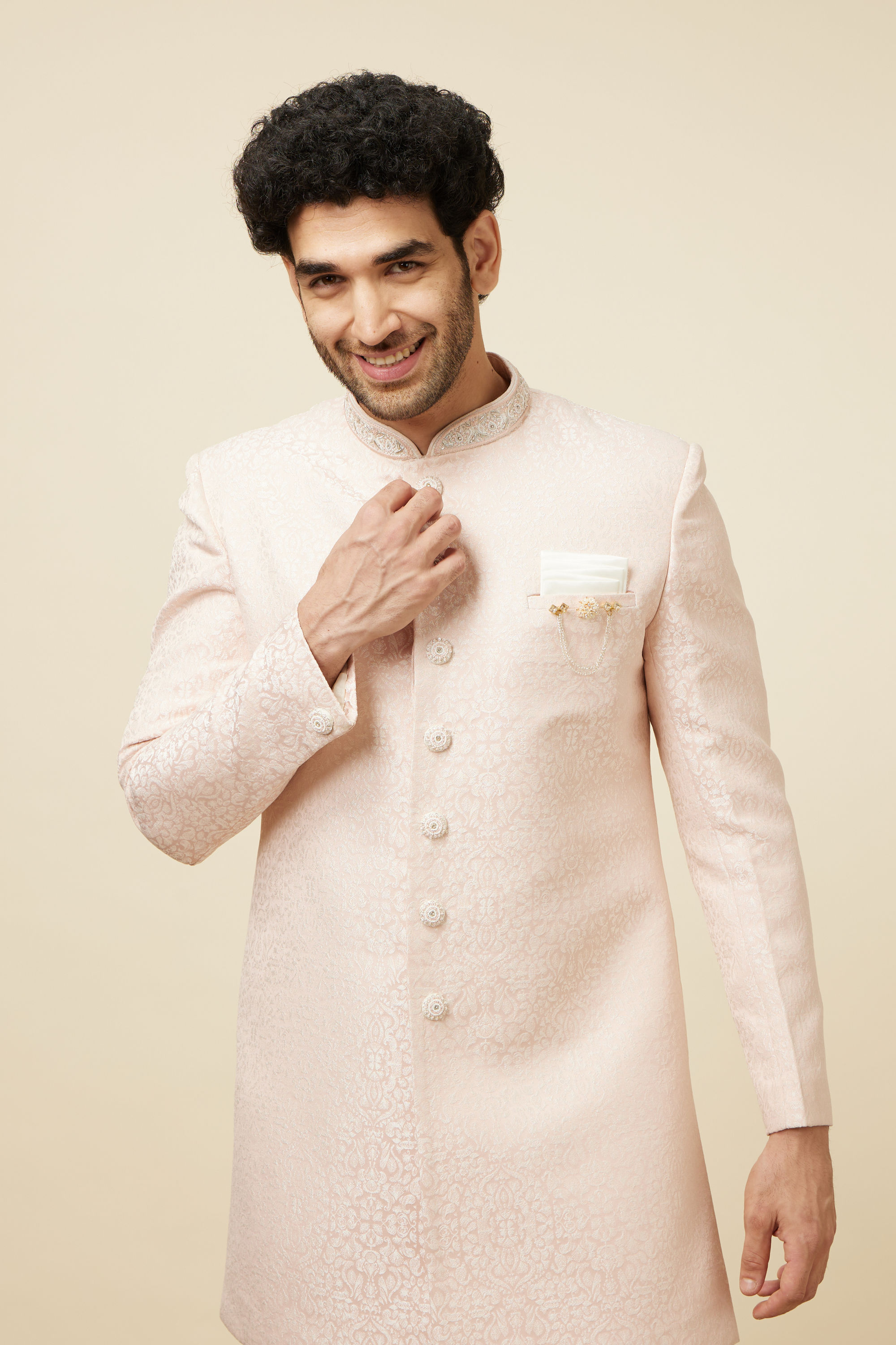 Manyavar Men Soft Pink Medallion Patterned Indo Western Set