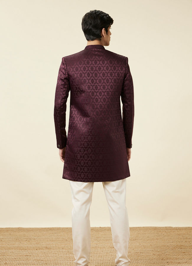 Manyavar Men Mauve Wine Botanical Printed Indo Western Set
