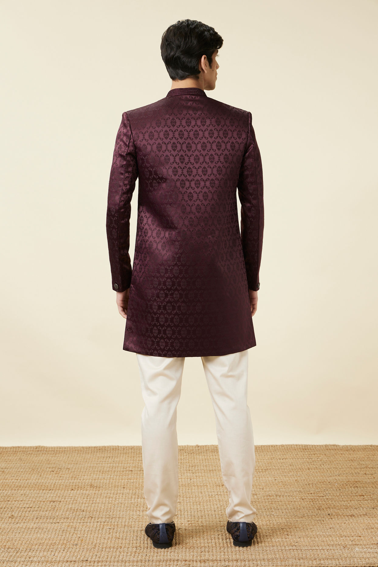 Manyavar Men Mauve Wine Botanical Printed Indo Western Set