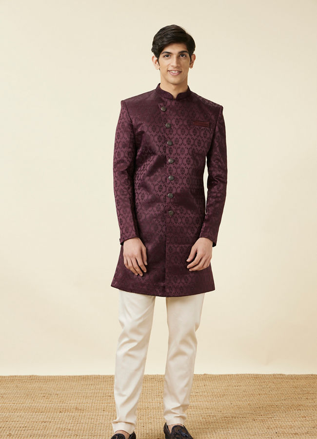 alt message - Manyavar Men Mauve Wine Botanical Printed Indo Western Set image number 2