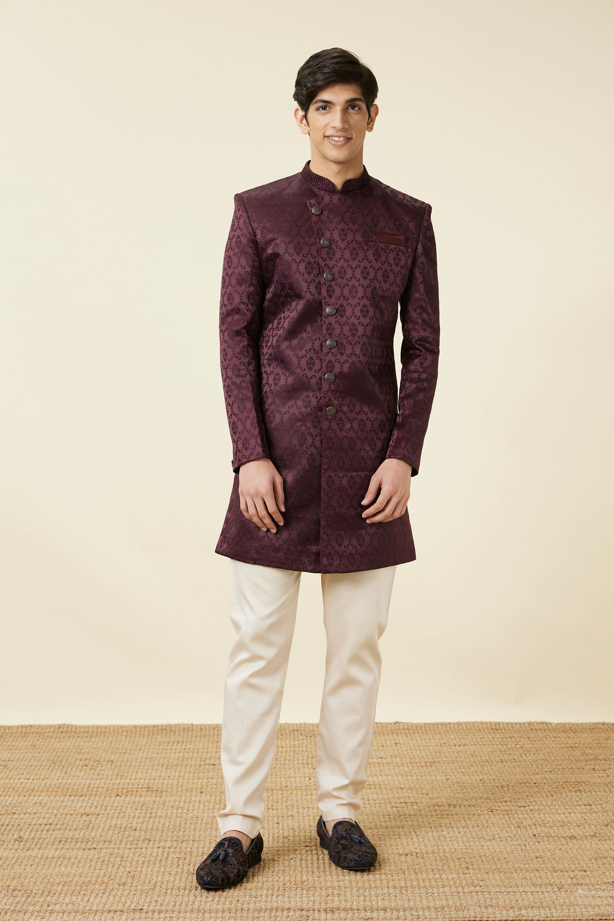 Manyavar Men Mauve Wine Botanical Printed Indo Western Set