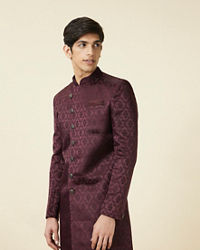 Manyavar Men Mauve Wine Botanical Printed Indo Western Set