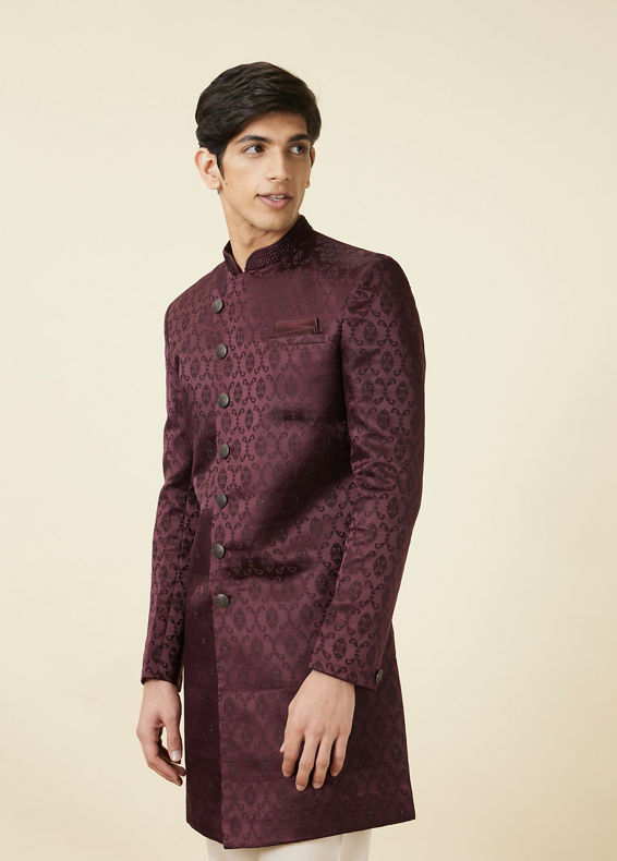 Manyavar Men Mauve Wine Botanical Printed Indo Western Set