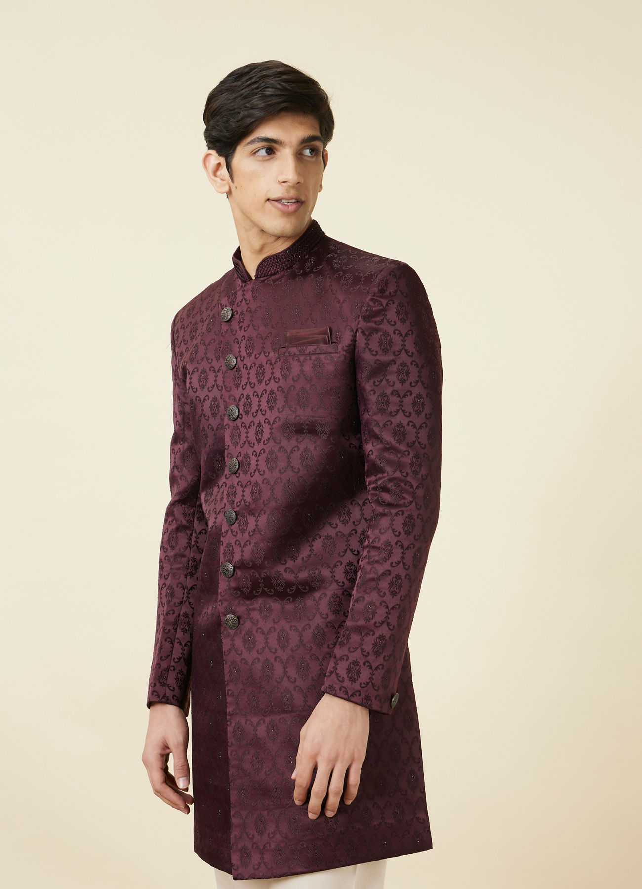 Manyavar Men Mauve Wine Botanical Printed Indo Western Set