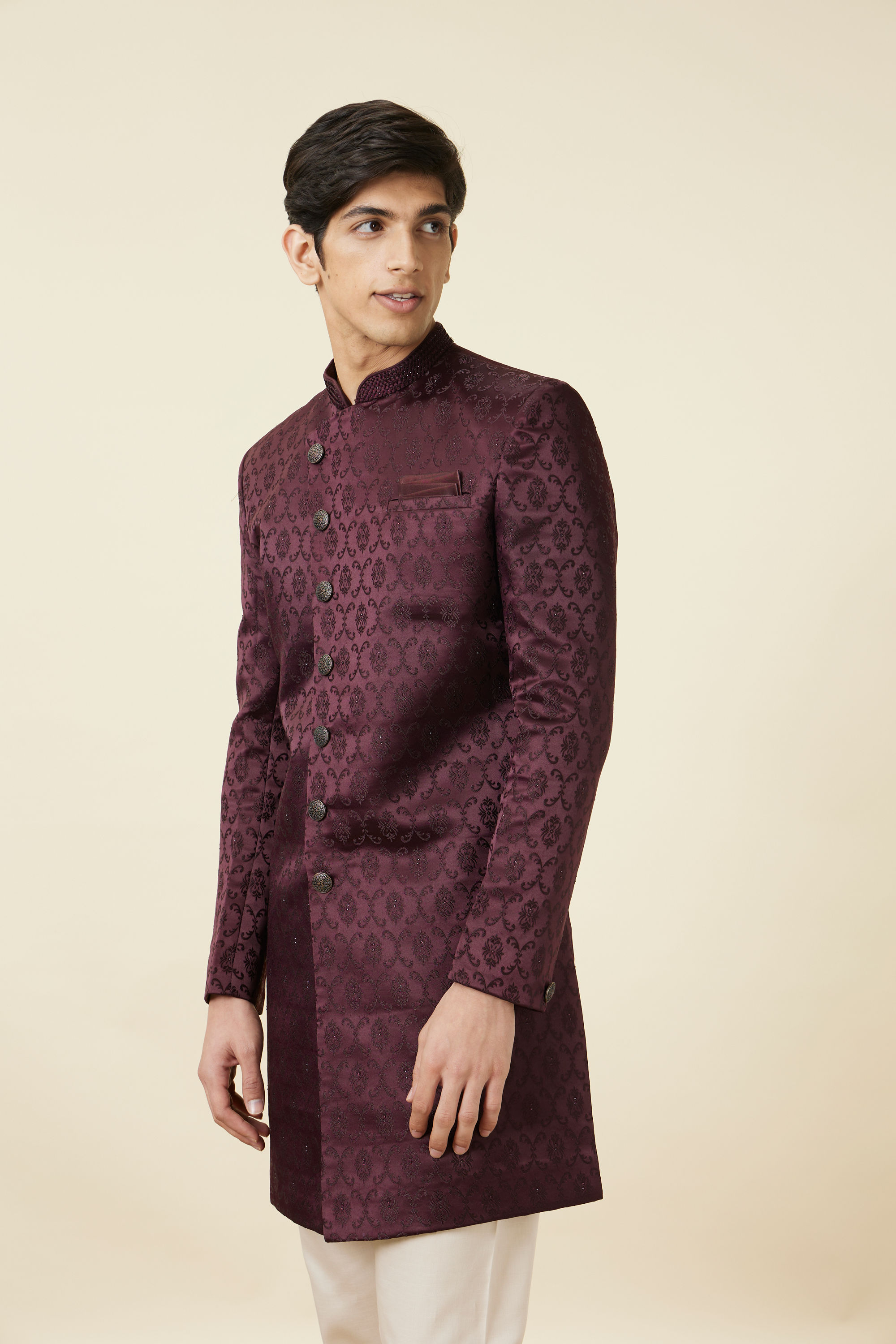 Manyavar Men Mauve Wine Botanical Printed Indo Western Set