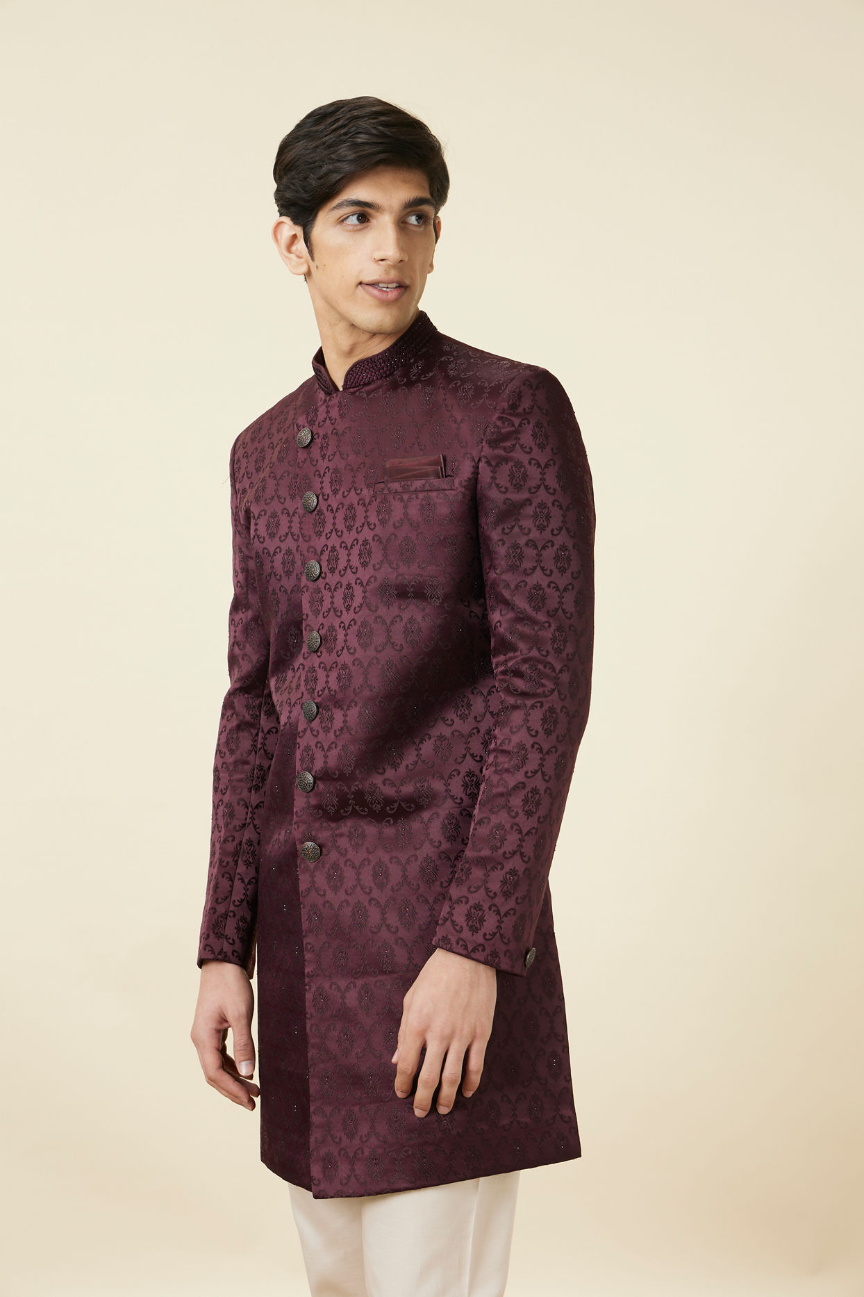 Manyavar Men Mauve Wine Botanical Printed Indo Western Set