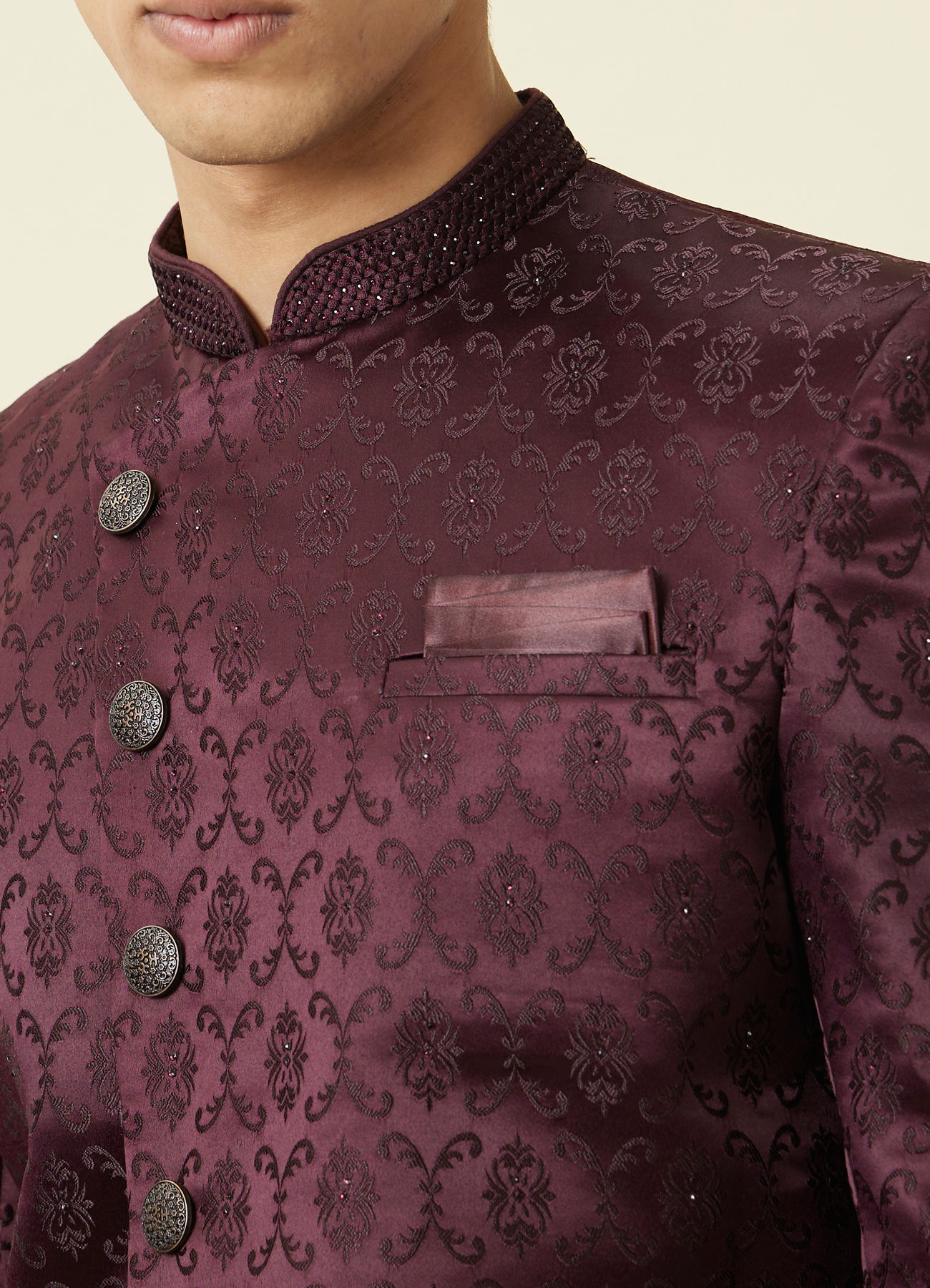 Manyavar Men Mauve Wine Botanical Printed Indo Western Set