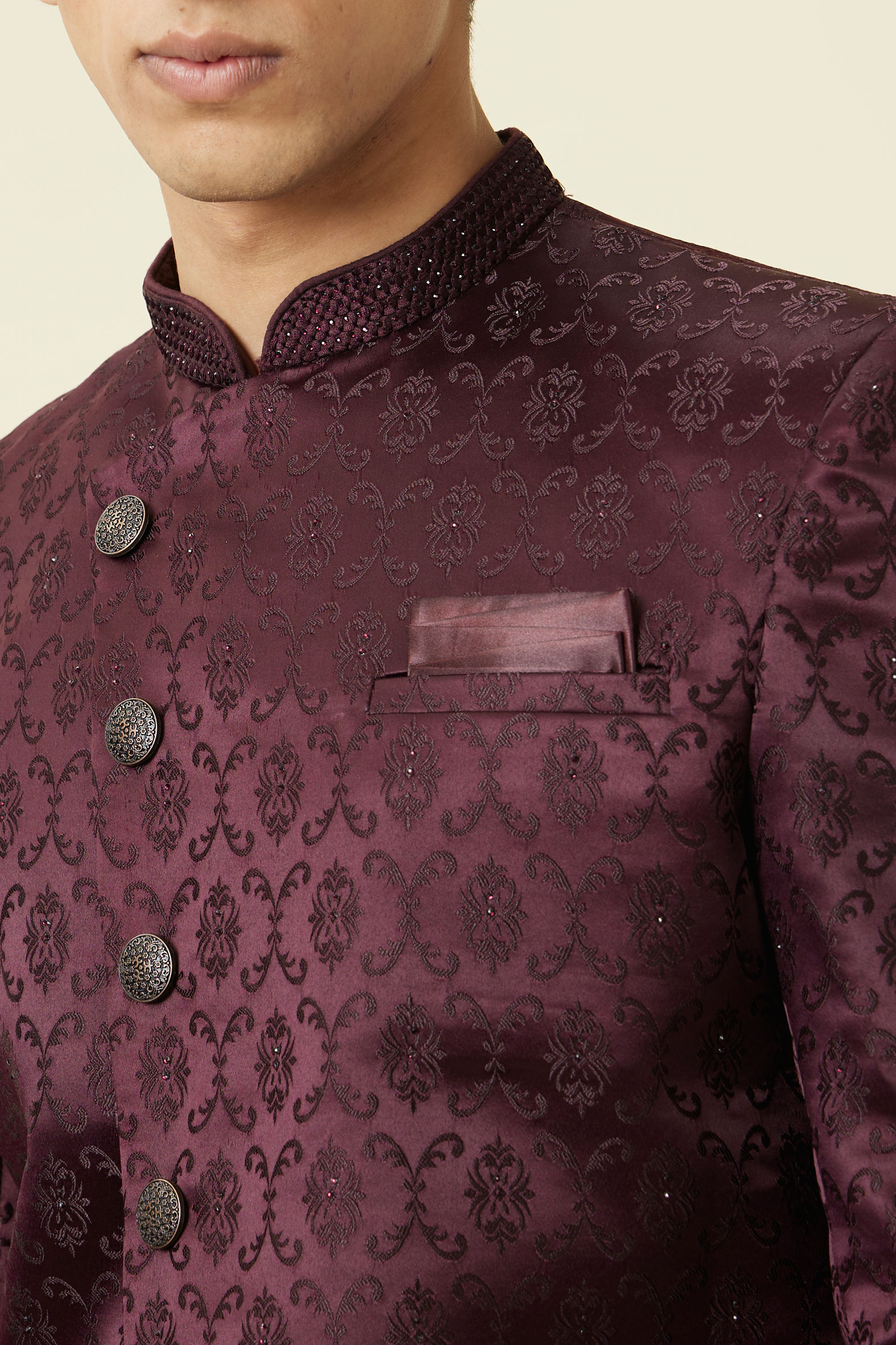 Manyavar Men Mauve Wine Botanical Printed Indo Western Set