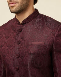 Manyavar Men Cabernet Red Jhallar Patterned Indo Western Set