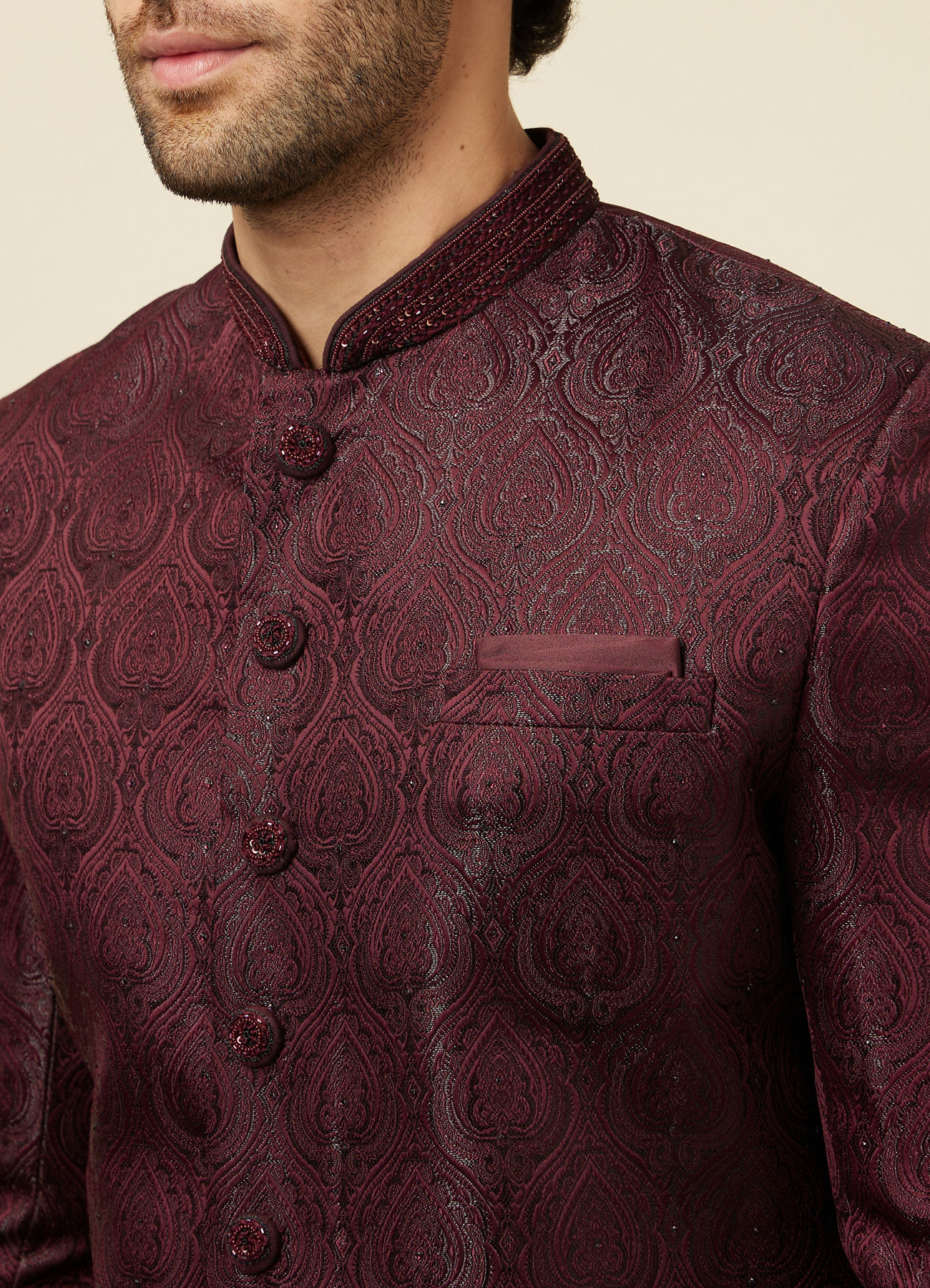 Manyavar Men Cabernet Red Jhallar Patterned Indo Western Set