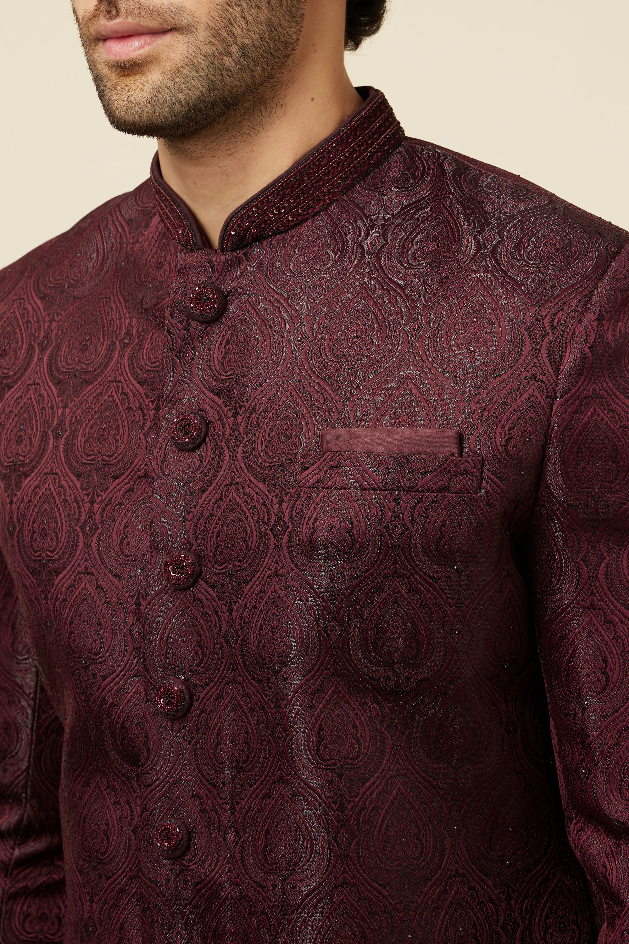 Manyavar Men Cabernet Red Jhallar Patterned Indo Western Set