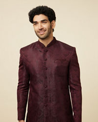 Manyavar Men Cabernet Red Jhallar Patterned Indo Western Set