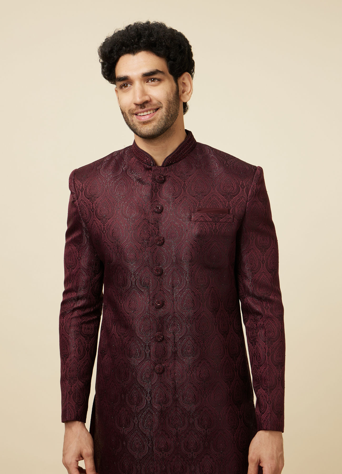 Manyavar Men Cabernet Red Jhallar Patterned Indo Western Set