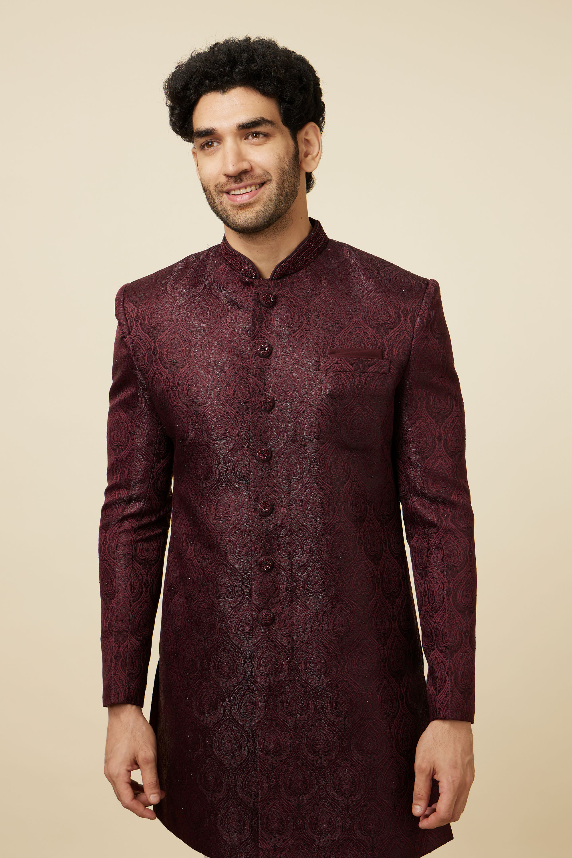 Manyavar Men Cabernet Red Jhallar Patterned Indo Western Set