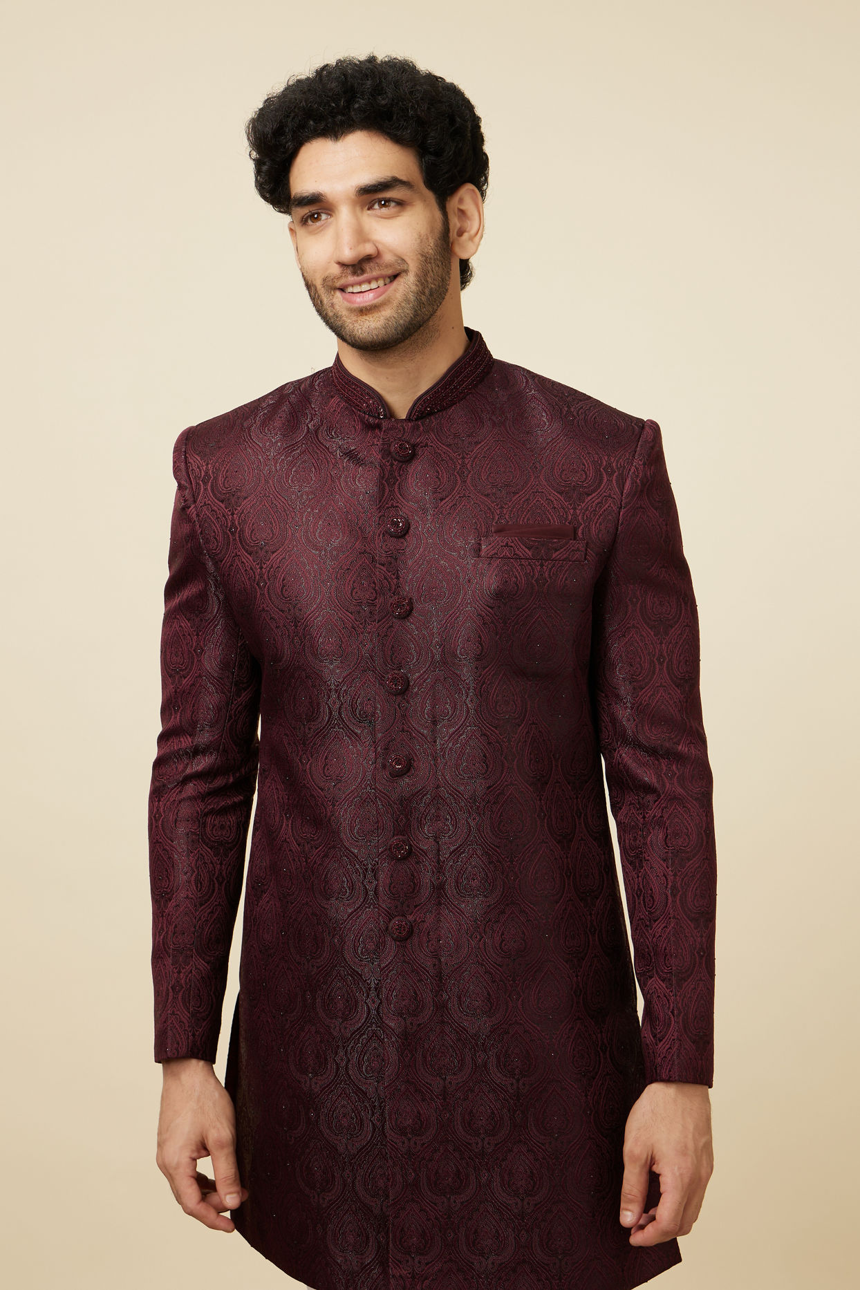 Manyavar Men Cabernet Red Jhallar Patterned Indo Western Set