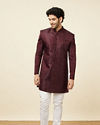 Manyavar Men Cabernet Red Jhallar Patterned Indo Western Set