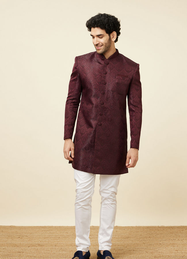 Manyavar Men Cabernet Red Jhallar Patterned Indo Western Set
