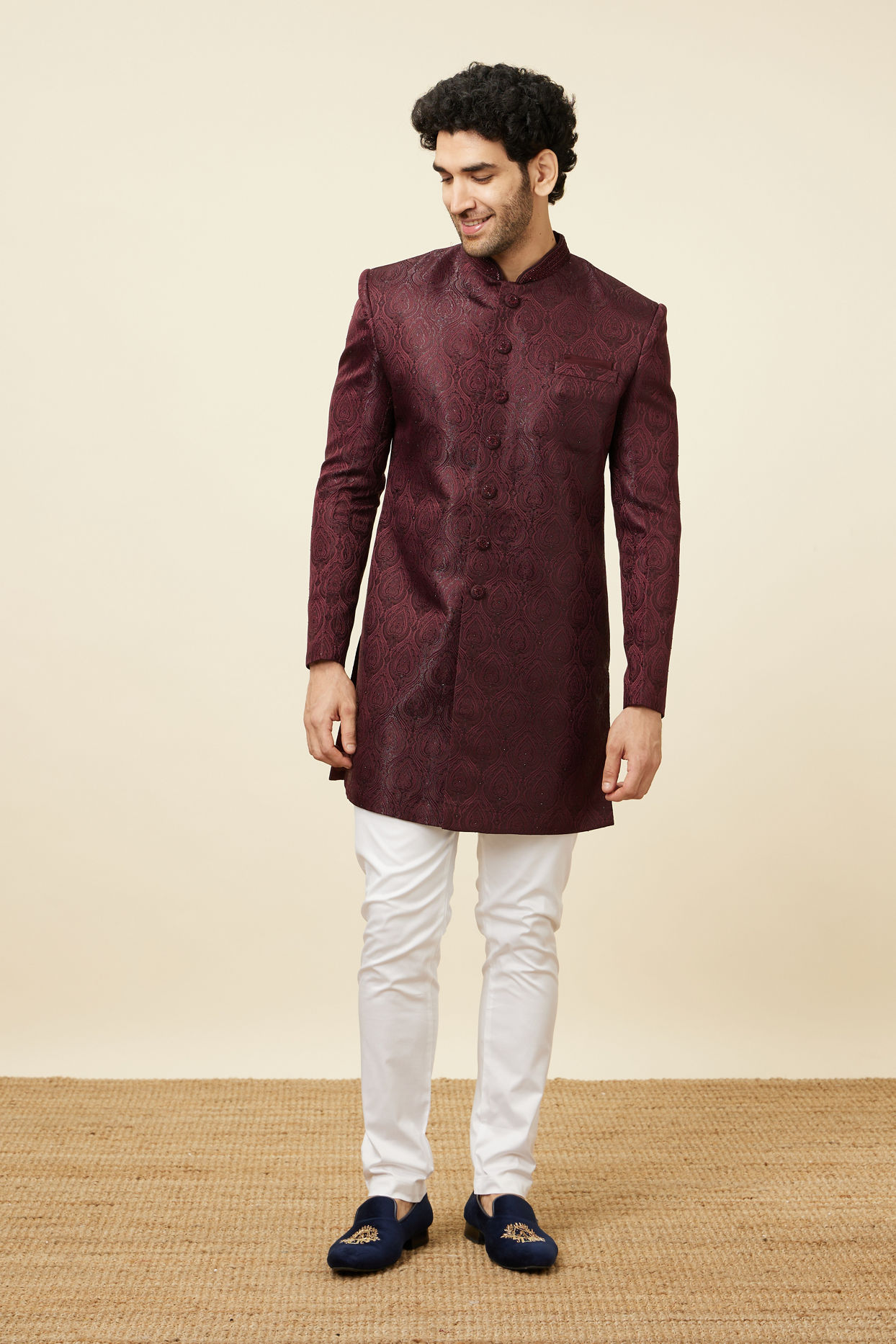Manyavar Men Cabernet Red Jhallar Patterned Indo Western Set