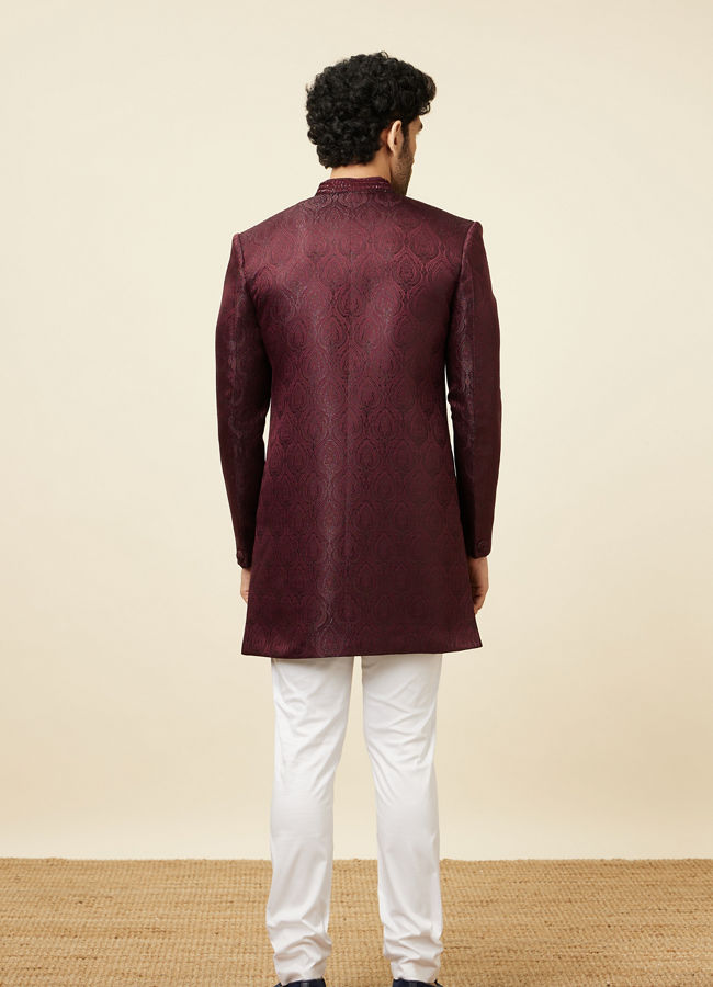 Manyavar Men Cabernet Red Jhallar Patterned Indo Western Set