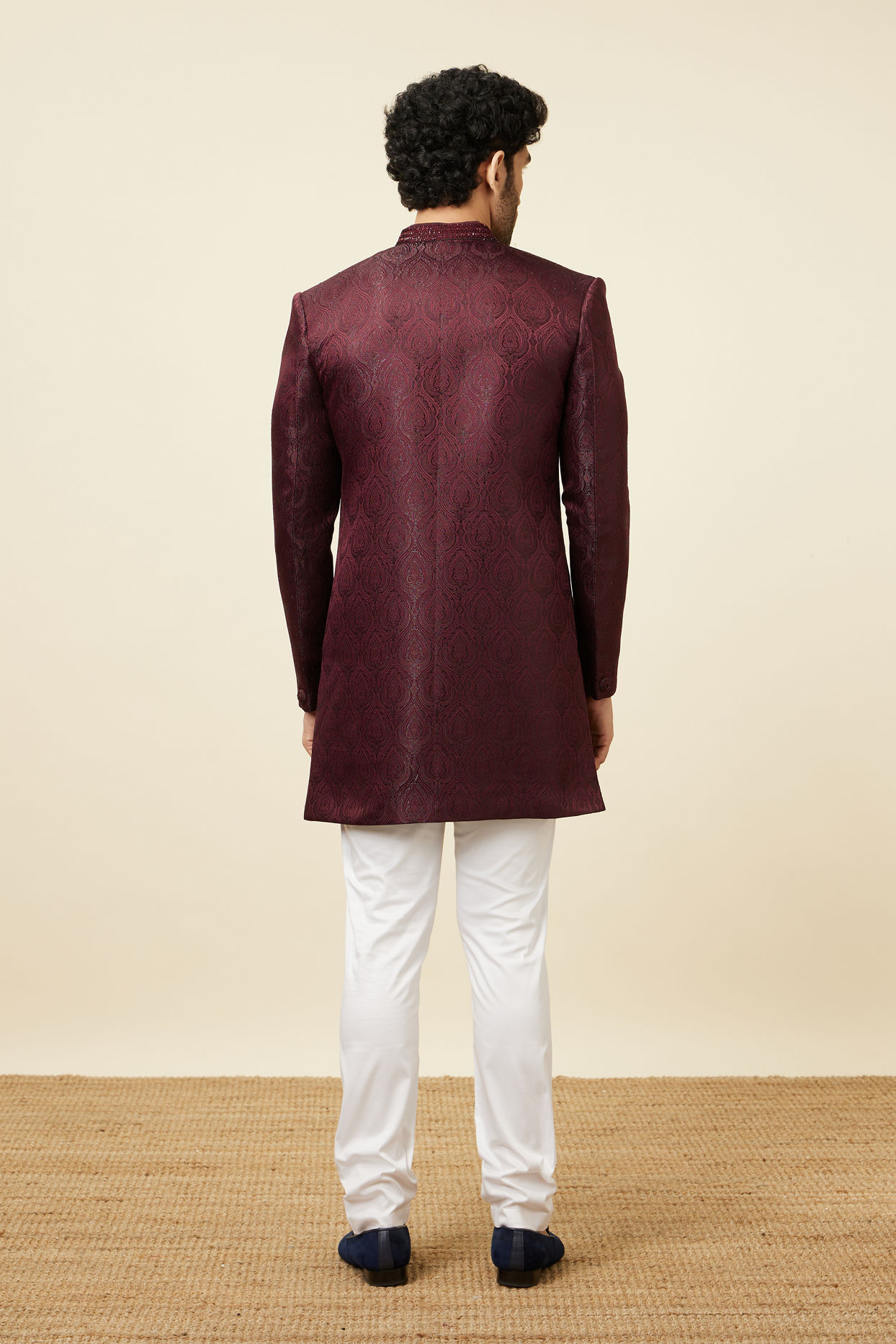 Manyavar Men Cabernet Red Jhallar Patterned Indo Western Set