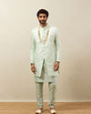 Manyavar Men Mint Julep Green Floral Patterned Indo Western Set