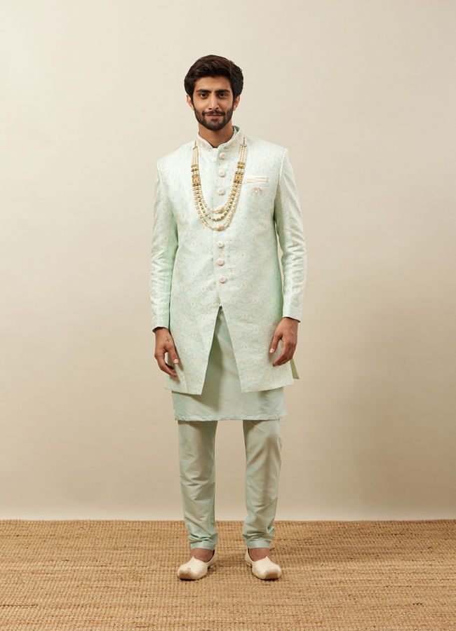 alt message - Manyavar Men Mint Julep Green Floral Patterned Indo Western Set image number 2