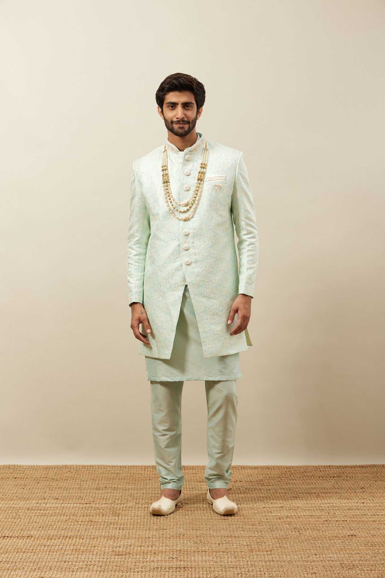 Manyavar Men Mint Julep Green Floral Patterned Indo Western Set