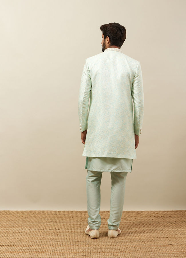 Manyavar Men Mint Julep Green Floral Patterned Indo Western Set