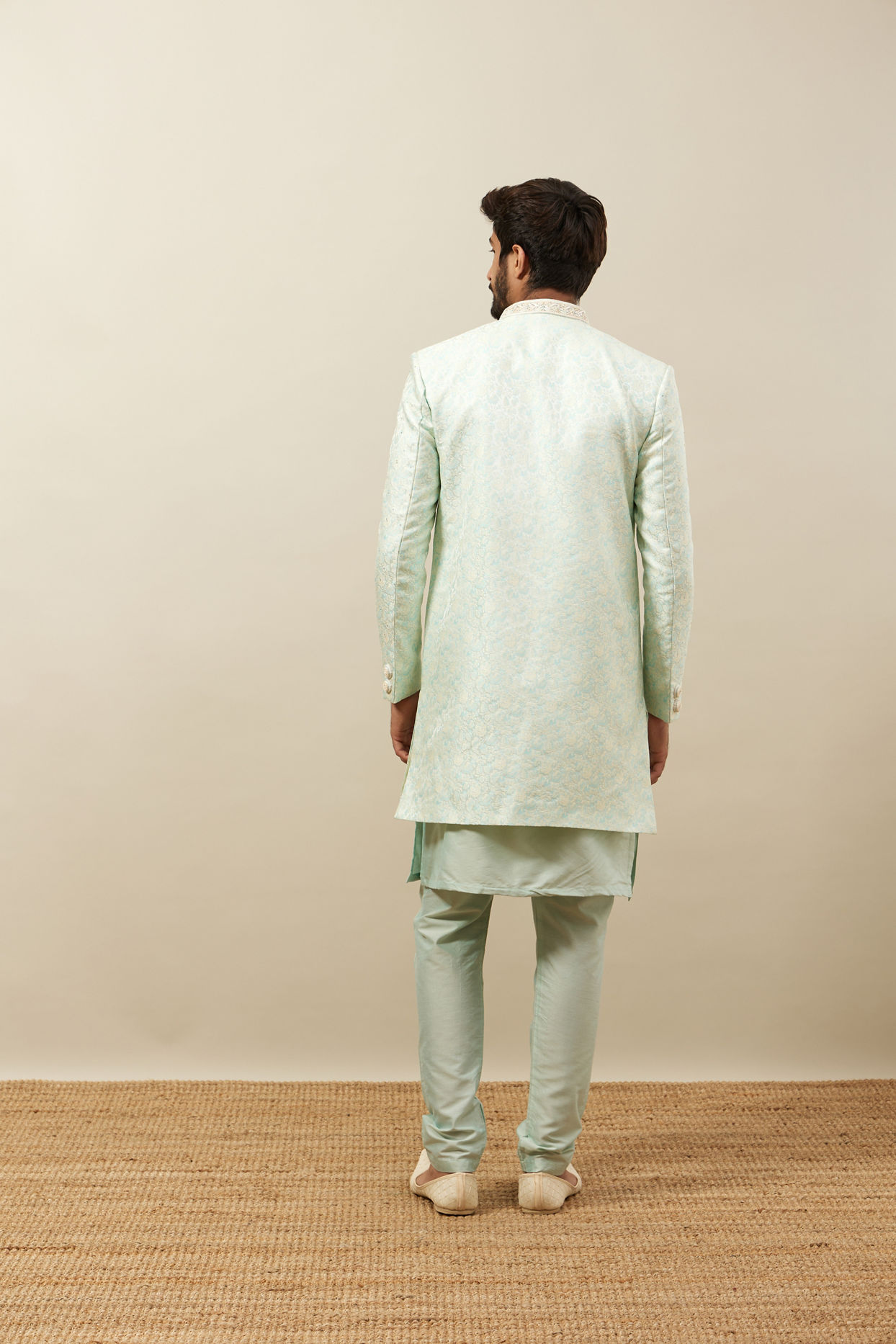 Manyavar Men Mint Julep Green Floral Patterned Indo Western Set