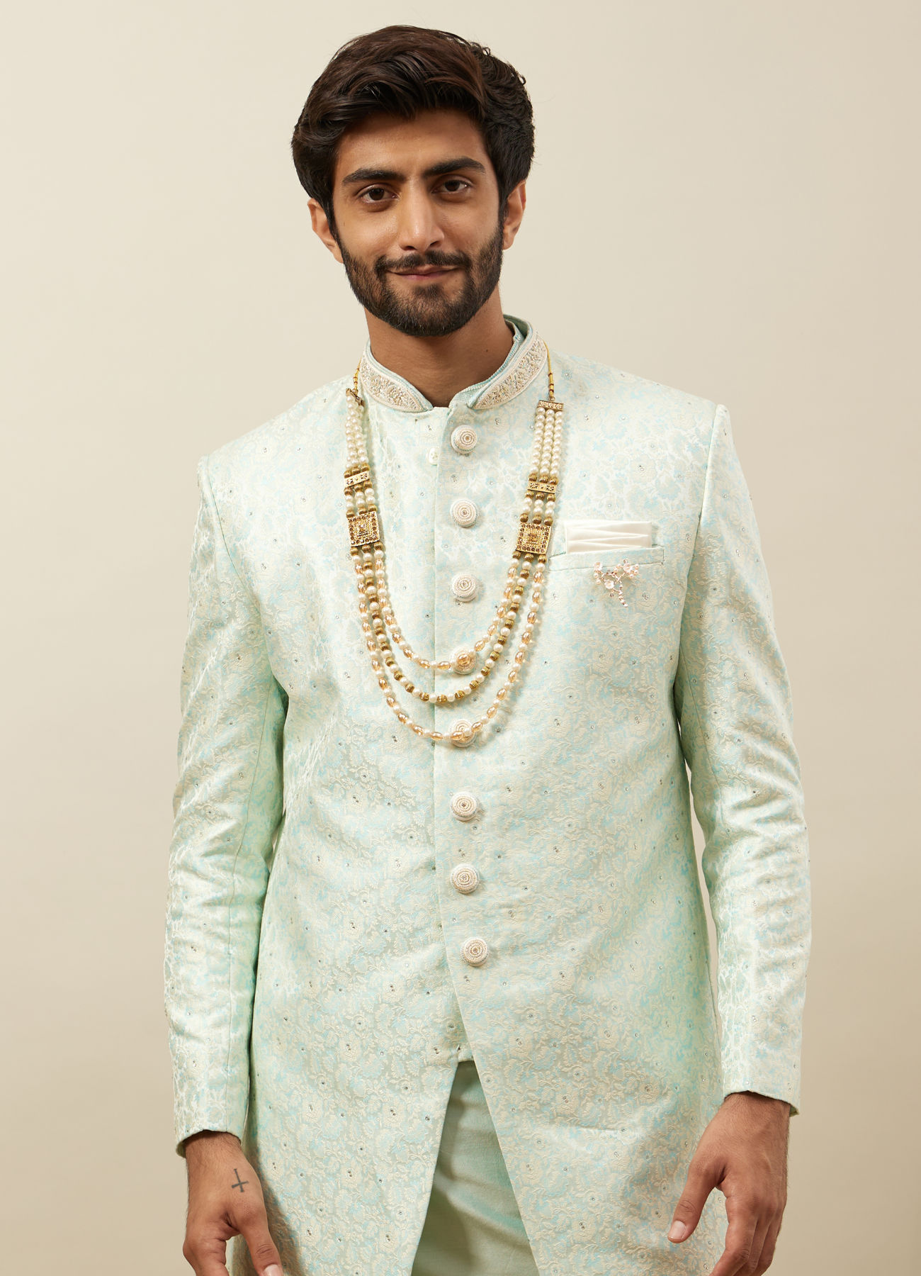 Manyavar Men Mint Julep Green Floral Patterned Indo Western Set