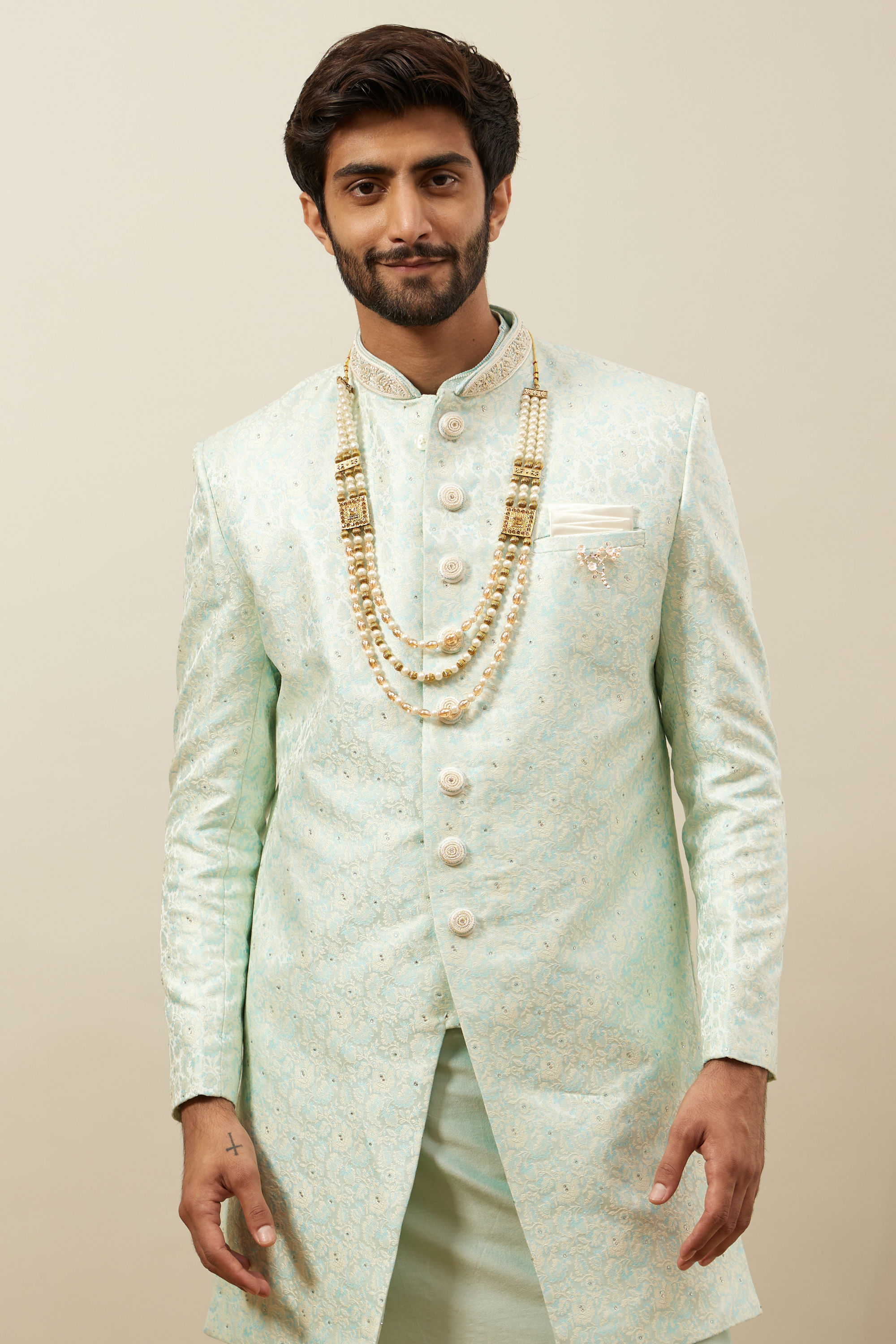 Manyavar Men Mint Julep Green Floral Patterned Indo Western Set