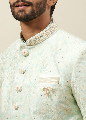 Manyavar Men Mint Julep Green Floral Patterned Indo Western Set