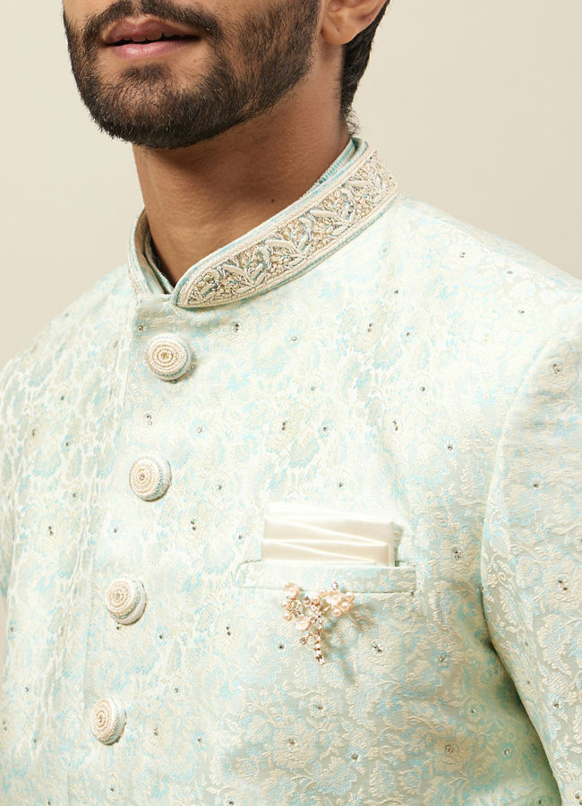 alt message - Manyavar Men Mint Julep Green Floral Patterned Indo Western Set image number 1