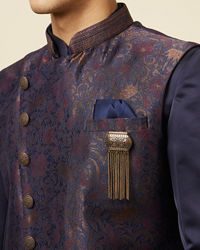 Manyavar Men Deep Blue Bel Buti Patterned Indo Western Set