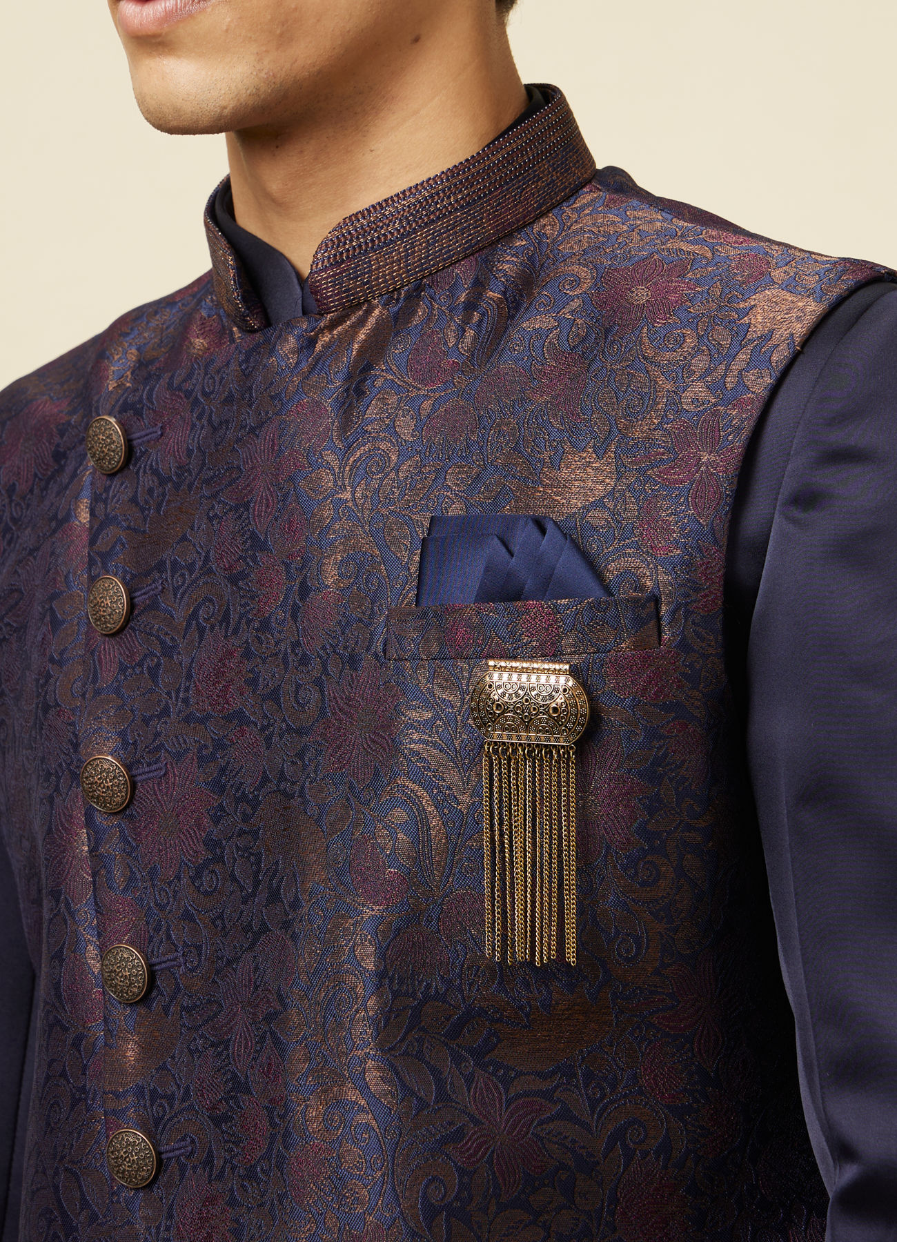 Manyavar Men Deep Blue Bel Buti Patterned Indo Western Set