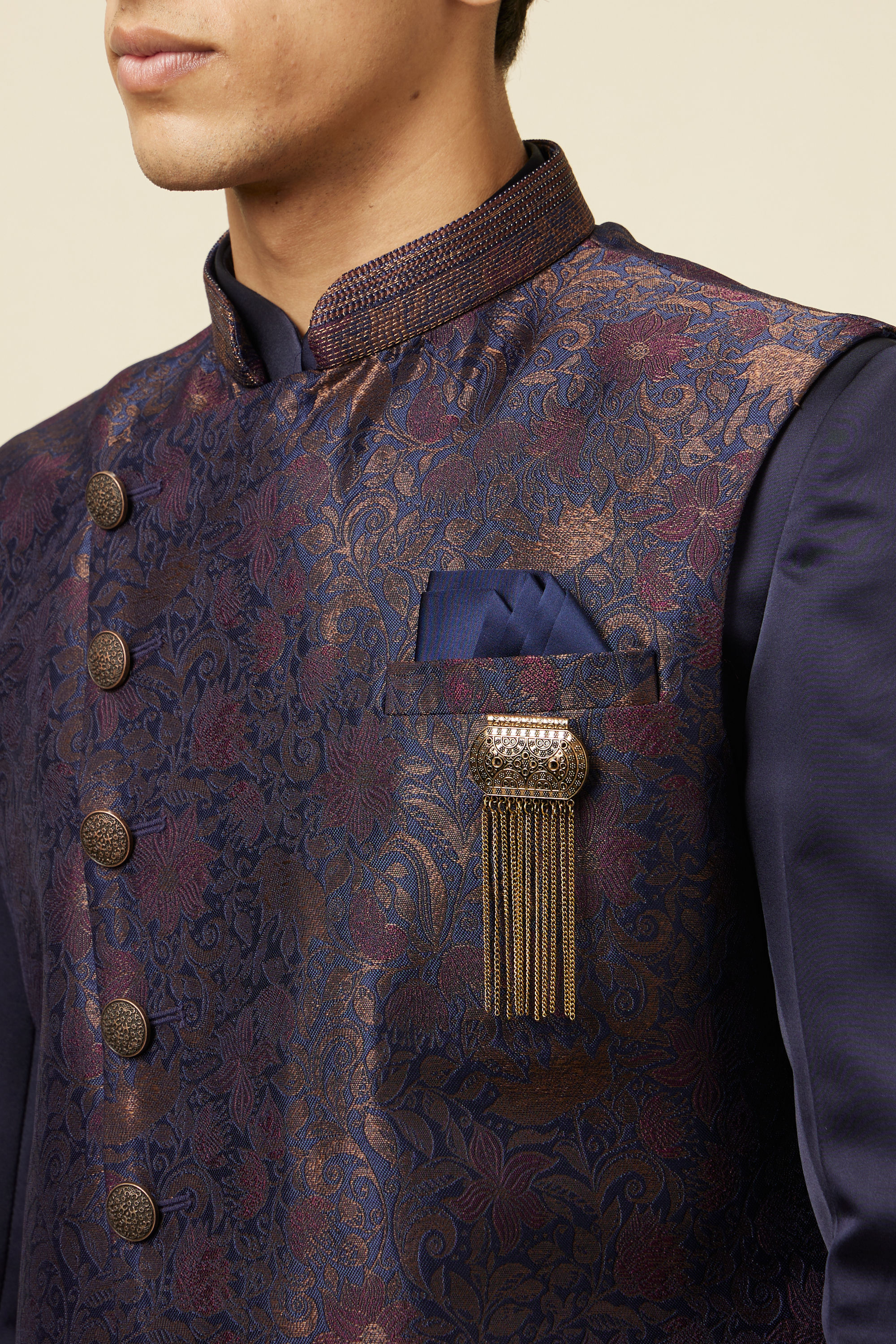 Manyavar Men Deep Blue Bel Buti Patterned Indo Western Set