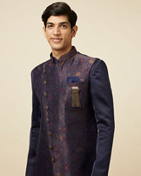 Manyavar Men Deep Blue Bel Buti Patterned Indo Western Set